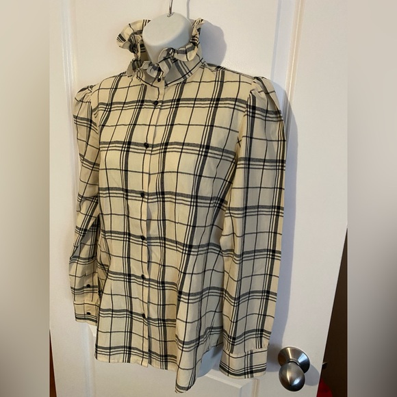 Lauren Ralph Lauren Button Up Long Sleeve Cotton Blouse Ivory Black Size MEDIUM - Picture 2 of 7